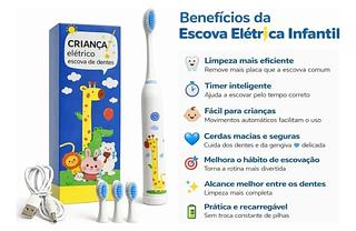 ESCOVA DE DENTES INFANTIL ELÉTRICA RECARREGÁVEL COM 4 REFS PERSONAGENS VARIADOS